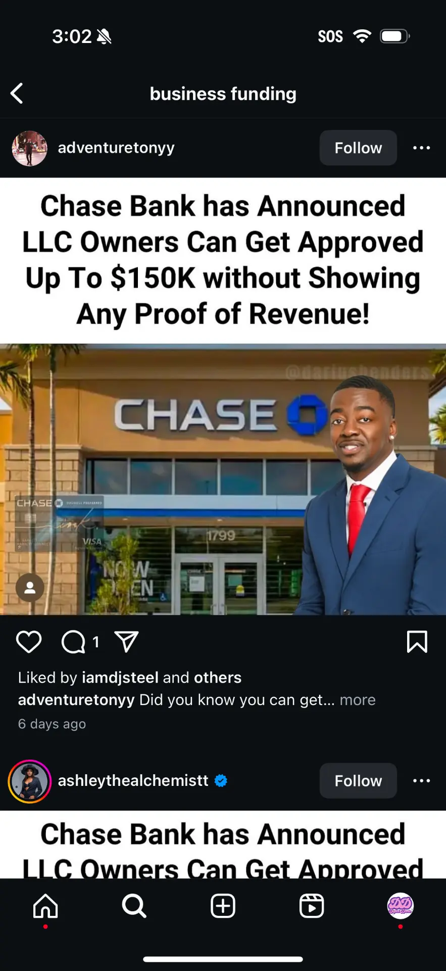 Client content post about Chase Bank announcing LLC owners can get approved up to $150K