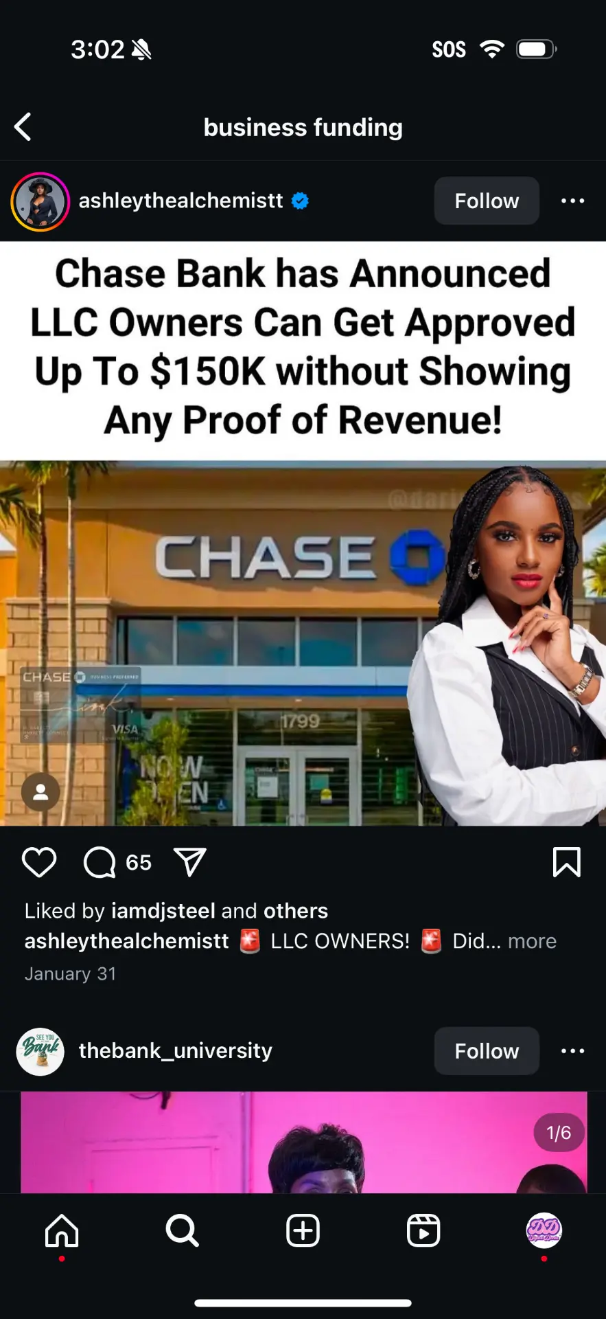Client content post about Chase Bank announcing LLC owners can get approved up to $150K