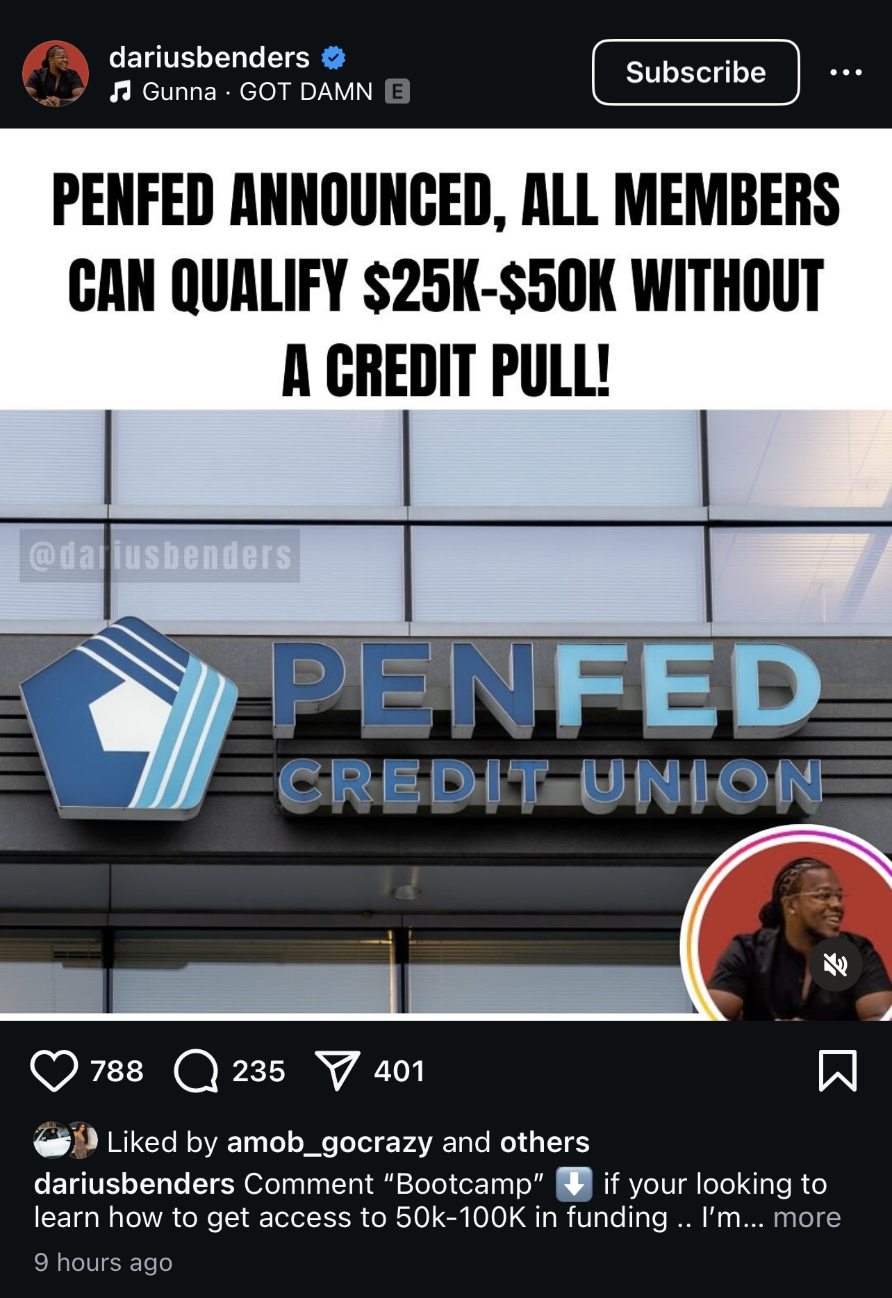 Client content post about PenFed announcing all members can qualify for $25K to $50K without a credit pull