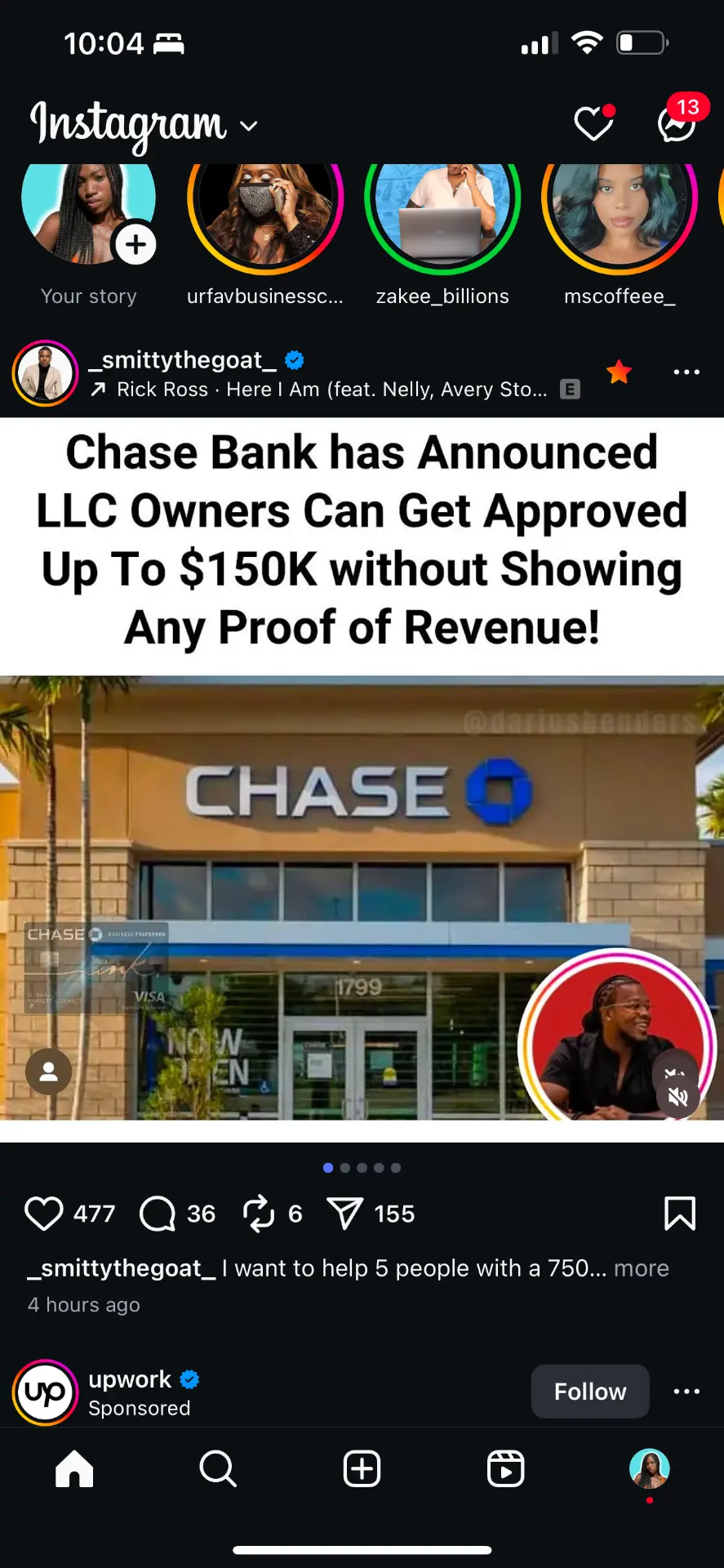 Client content post about Chase Bank announcing LLC owners can get approved up to $150K without showing any proof of revenue