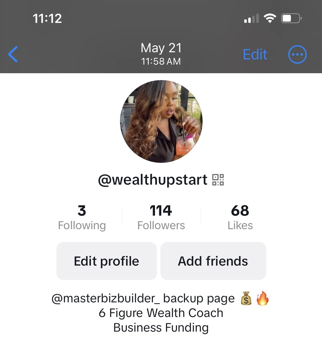 Coach Day's backup TikTok profile showing 114 followers