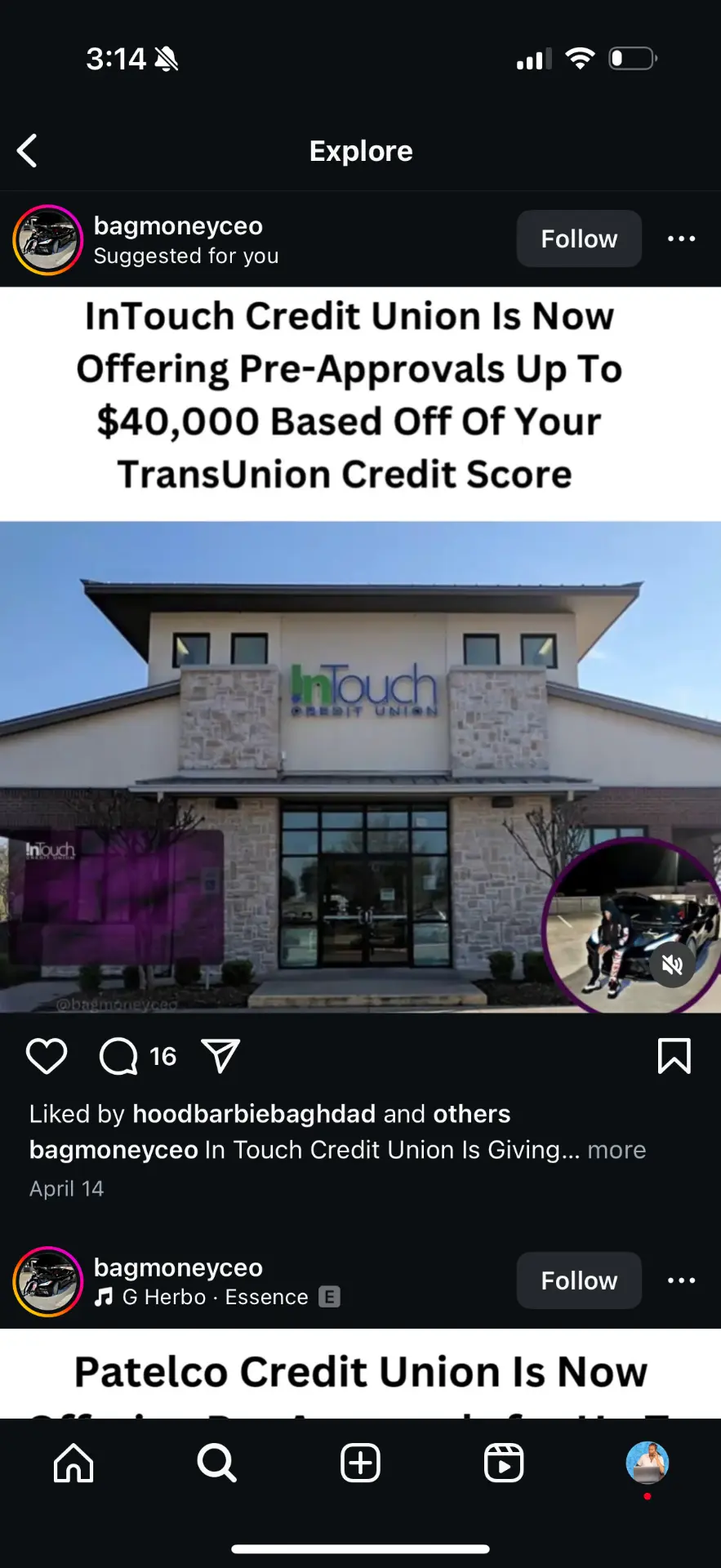 Client content post about InTouch Credit Union offering pre-approvals up to $40,000