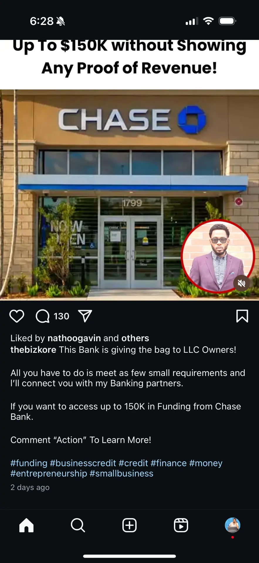 Client content post about Chase Bank funding for LLC owners