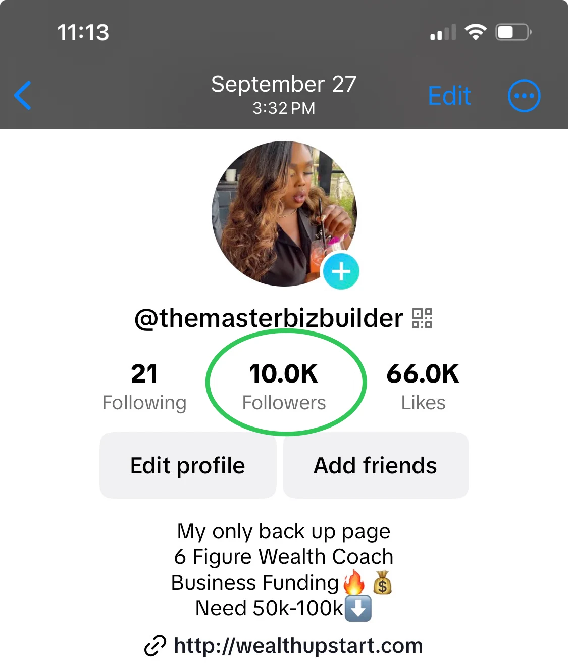 Coach Day's backup TikTok profile showing 10.0K followers