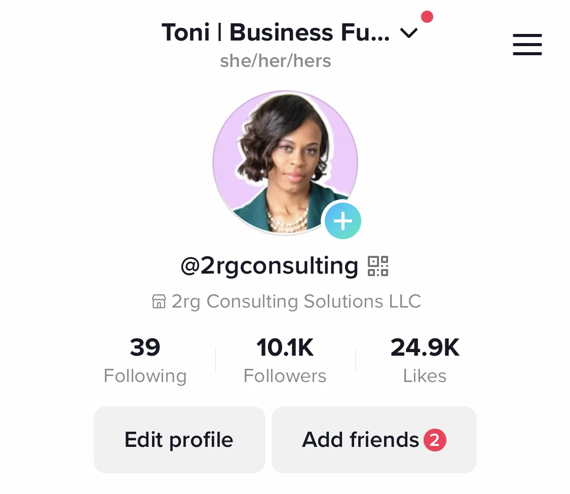 Toni's @2rgconsulting profile after, showing 10.1K followers